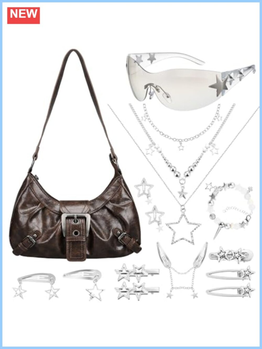 Y2K Purse Set Faux Leather Shoulder Bag with Star Jewelry Hair Clips Sunglasses